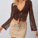 CSDAJIO Women's Sexy Lace Tie Open Front Sheer Mesh Long Sleeve Crop Top Going Out Shirt (Brown, XS)