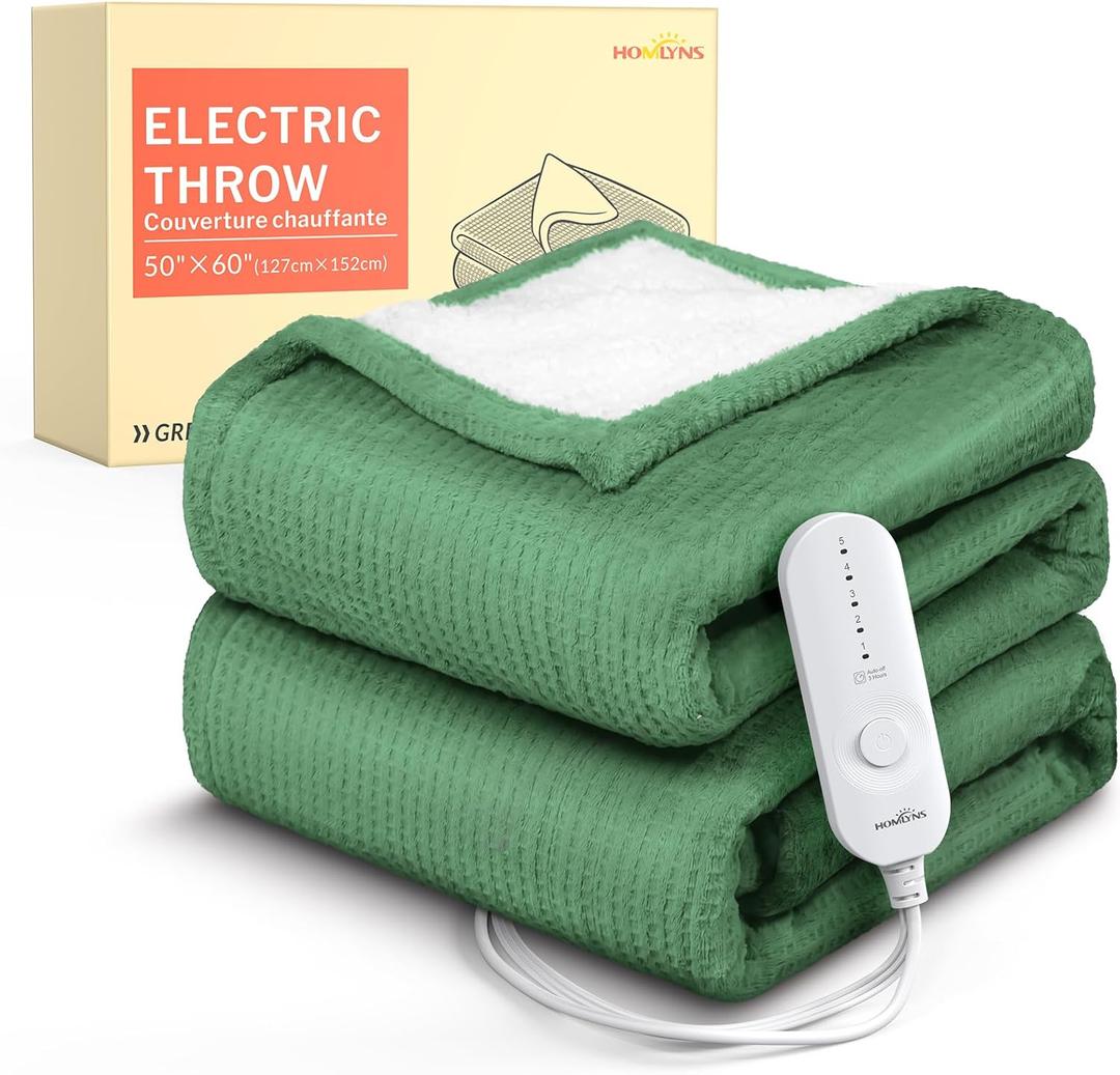HOMLYNS LuxeHeat Heated Blanket Throw, Soft Flannel Sherpa, Electric Blanket 5 Heat Settings, Fast Heating, Heating Throw Blanket 3 Hours Timer Auto Shut Off, Machine Washable, 5060 Inches, Green