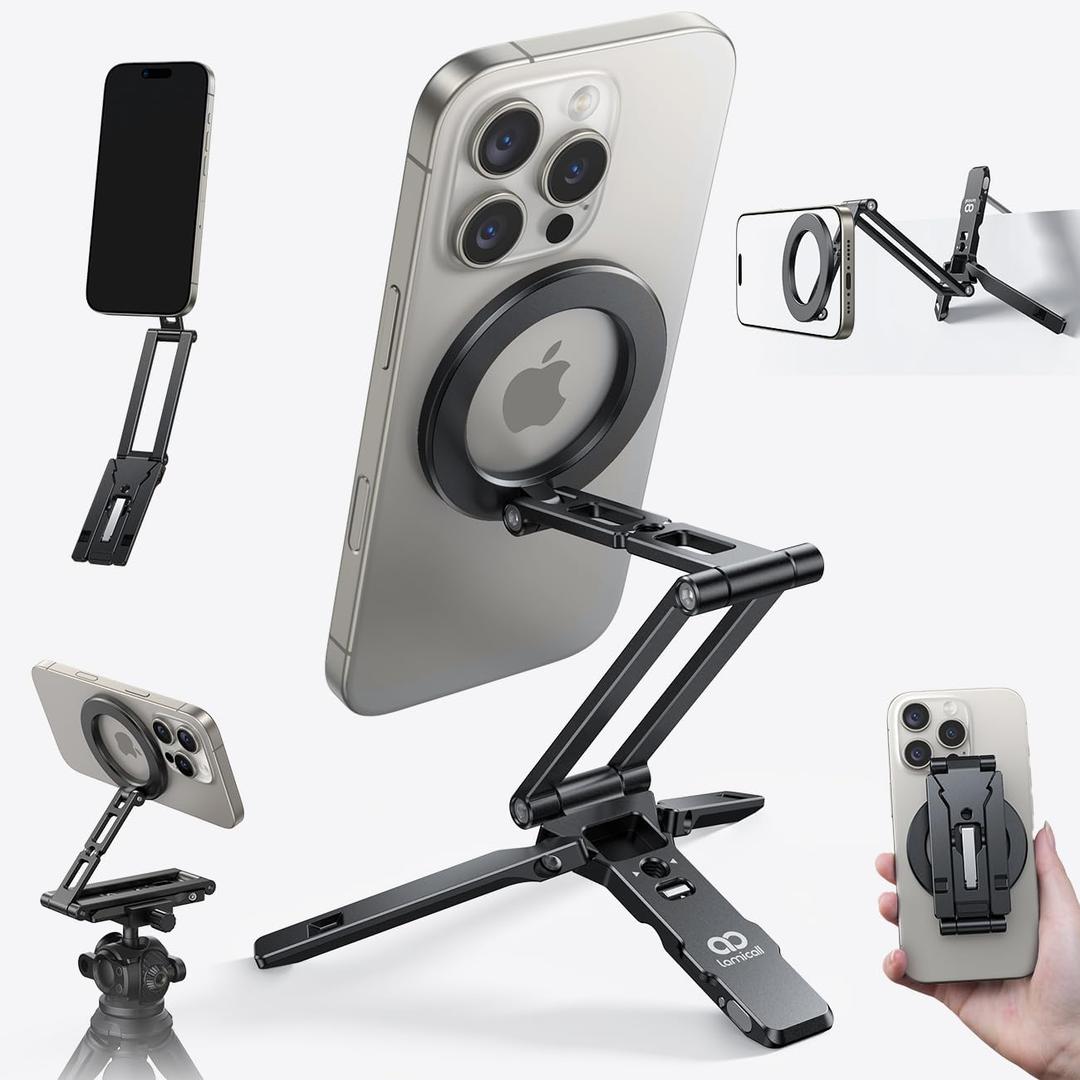 Lamicall for Magsafe Tripod Stand - [Ultra-Compact] Aluminium Magnetic Phone Tripod for iPhone 17/16 Pro Max, Flexible Cell Phone Mount Gift with 1/4" Screw, Arca & Hook Accessories Black Mothers Day