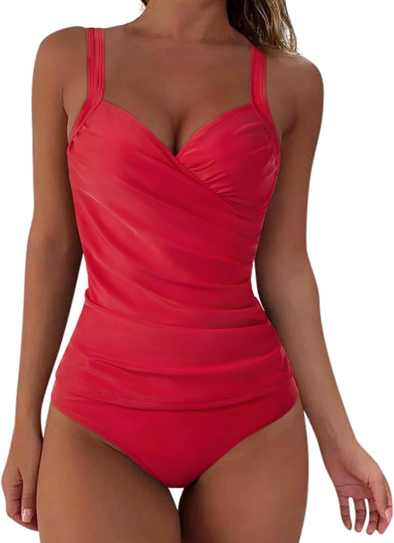 SUUKSESS Women Sexy Twist Push Up Tankini Swimsuit Tummy Control Bathing Suits (Small, 72 Red)