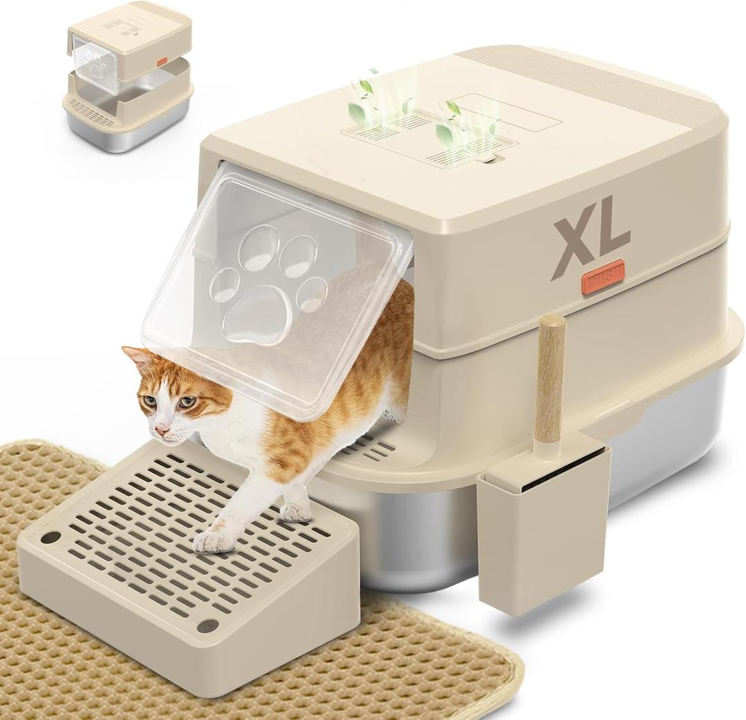 Stainless Steel Cat Litter Box with Lid, 3 in 1 Removable Litter Box for Big/Multiple Cats, High Sides Kitty Litter Pan, Leak-Proof XL Extra Large Enclosed Metal Litter Pan Easy Clean with Scoop & Mat