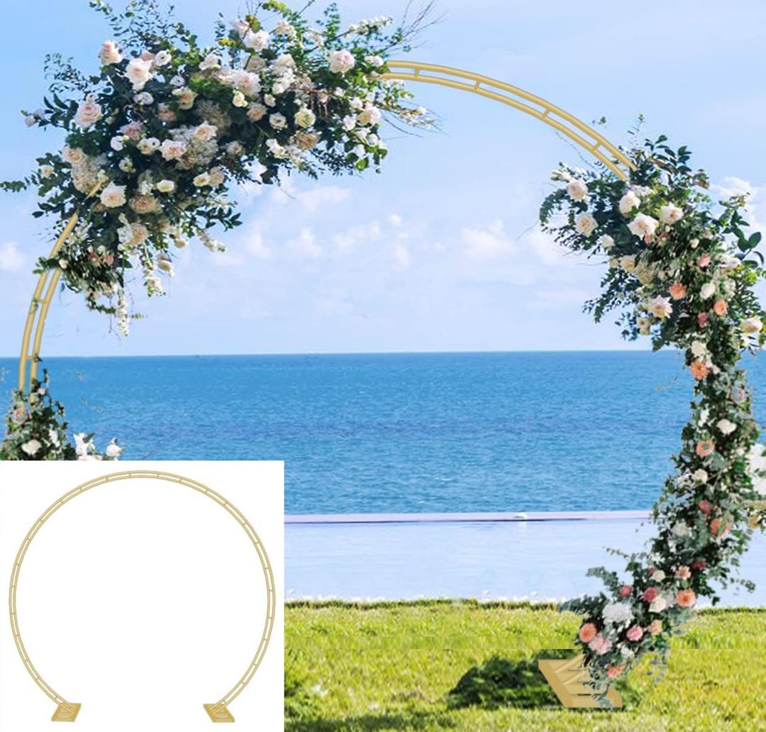 Queension Extra Large Wedding Arch for Ceremony 8.5Ft Wide 7.4Ft High, Metal Balloon Arches Backdrop Stand with Base for Party Supplies, Outdoor Garden Trellis for Climbing Plant, Round Frame, Gold