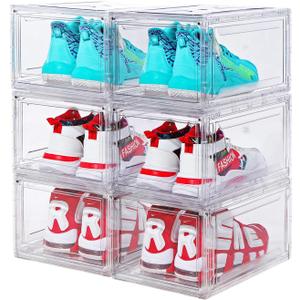 6 Pack Shoe Boxes Clear Stackable, Large Shoe Storage Boxes, Space Saving Acrylic Shoe Boxes, Foldable Shoe Container Boxes that Fits Up to Size 14 Shoes (10 Pack Transparent)