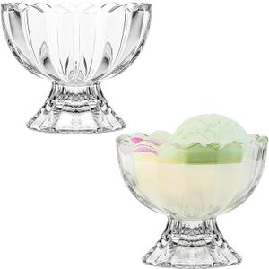 5oz Vintage Glass Dessert Bowls Set of 2, Heavy Base Ice Cream Cups for Sundae, Fruit, Pudding, Snacks & Condiments