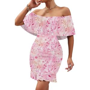 PinkPatty Summer Mini Dress for Women Off Shoulder Ruffled Bodycon Dresses Short Beach Sundress, Medium (A - Floral#03)