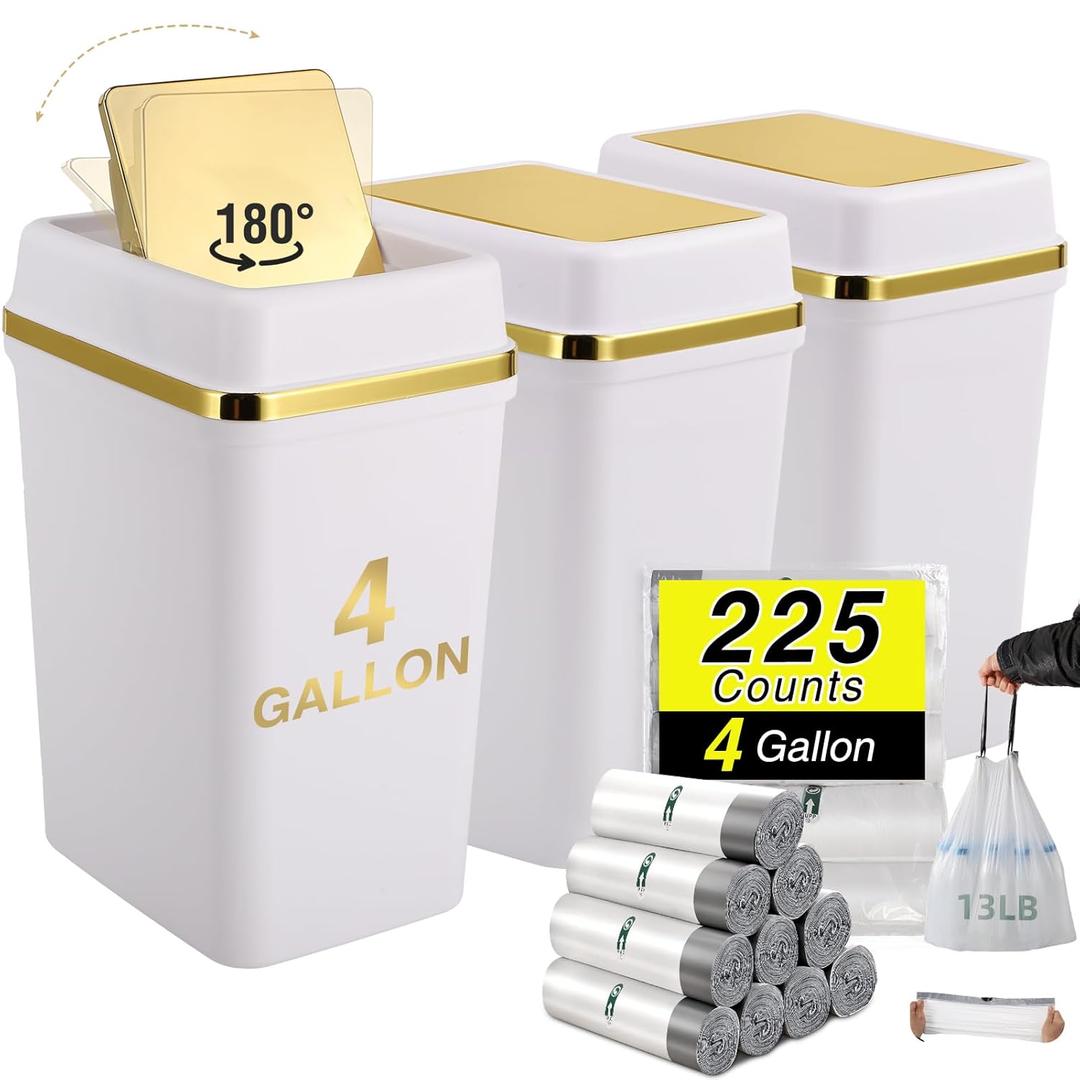 3 Pack Bathroom Trash Can with Lid 4 Gallon Small Trash Can with Swing Lid White and Gold Bathroom Garbage Can with 225 Counts Trash Bags for Kitchen Bedroom Office