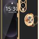 Fingic for Samsung Galaxy S25 Edge Case[with 360Rotatable Ring Holder][Support Magnetic Car Mount] Shiny Plating Gold Slim Thin Soft TPU Rugged Bumper Shockproof Protective Case for Women Men,Black