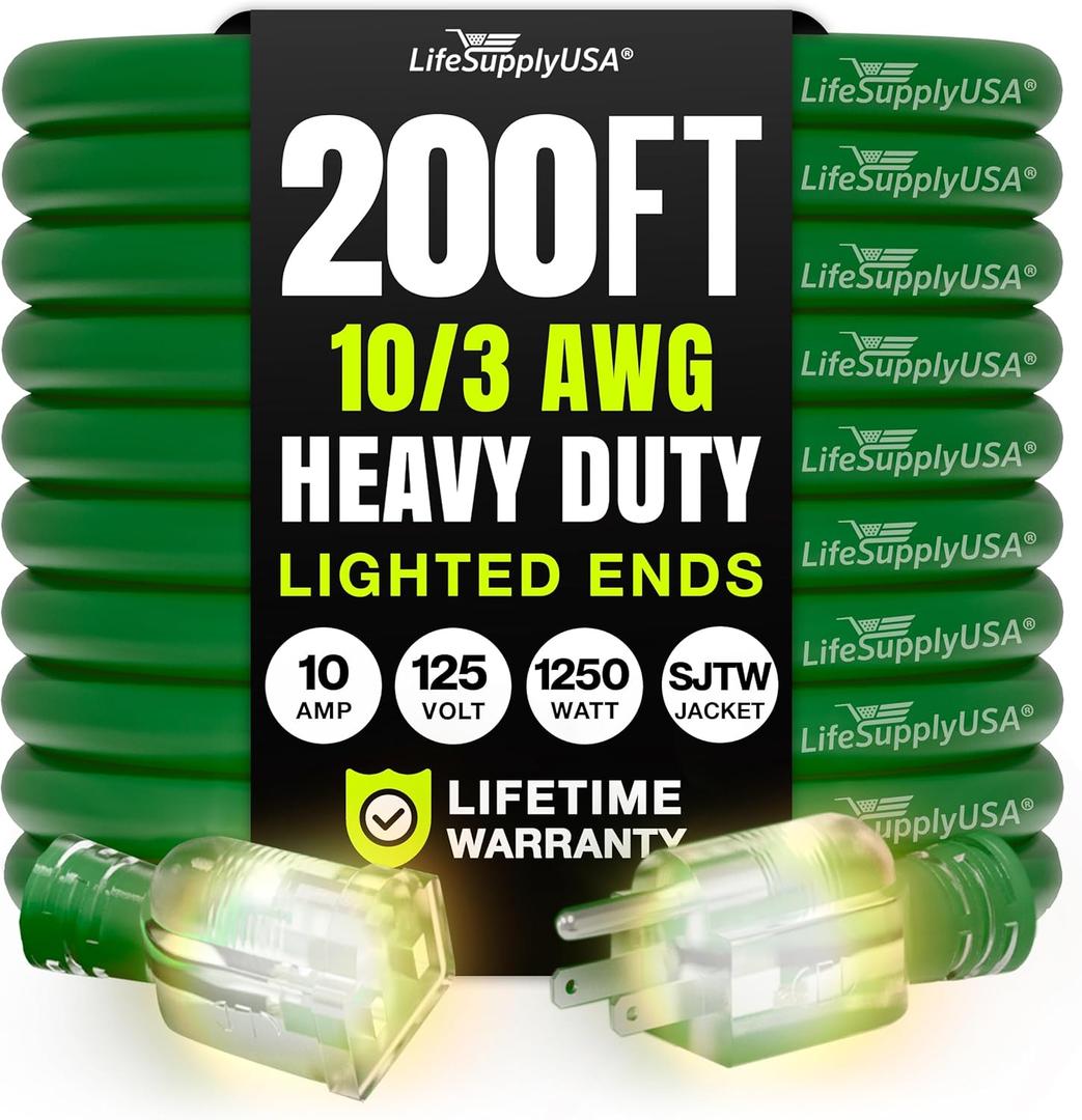 200ft Outdoor/Indoor Extension Cord 10/3 Gauge Ultra Heavy Duty 3 Prong SJTW, Waterproof, Flexible Cold-Resistant Long Power Cord,10A 125V 1250W, Green by LifeSupplyUSA