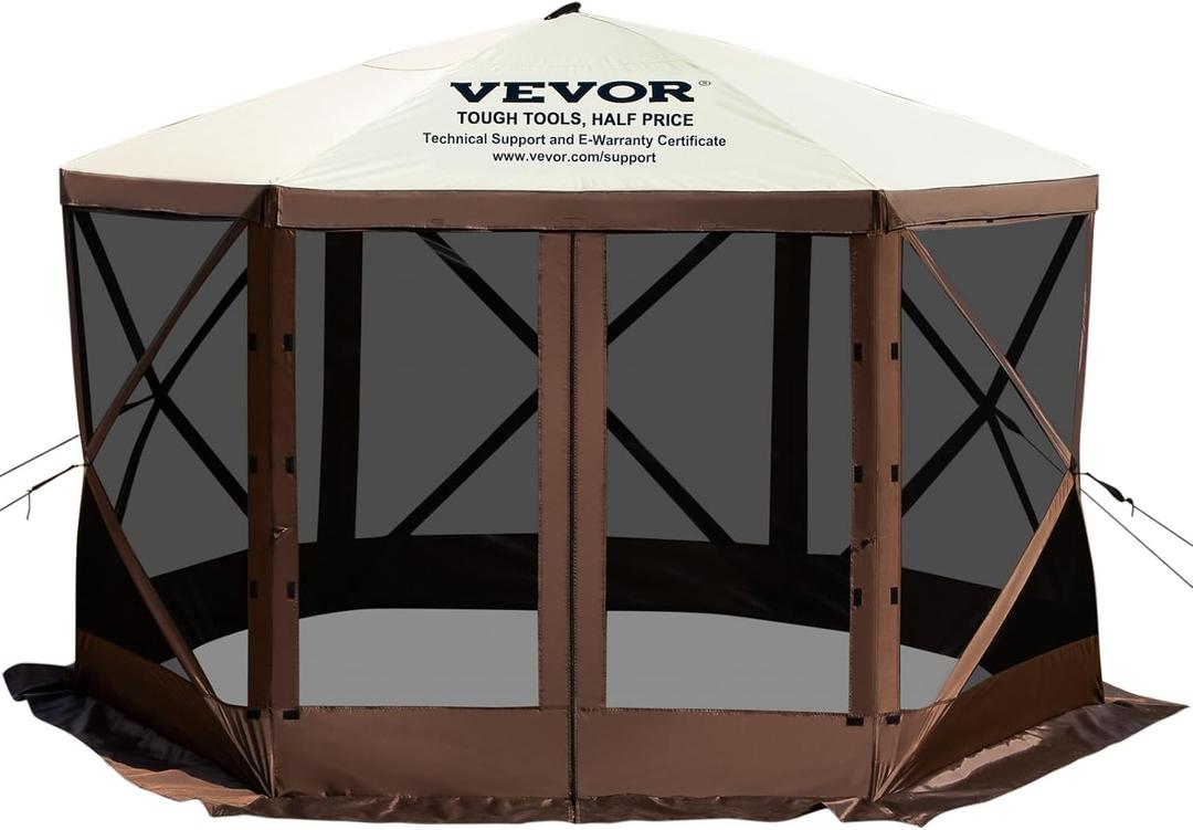 VEVOR Pop Up Gazebo Screen Tent, Pop-Up Instant Gazebo Tents with Mosquito Netting Outdoor Canopy, 6 Sided Sun Shelter 10x10ft with 6 Removable Wind Cloths & 2 Mesh Windows, Pavilion Tent for Patio (Brown)