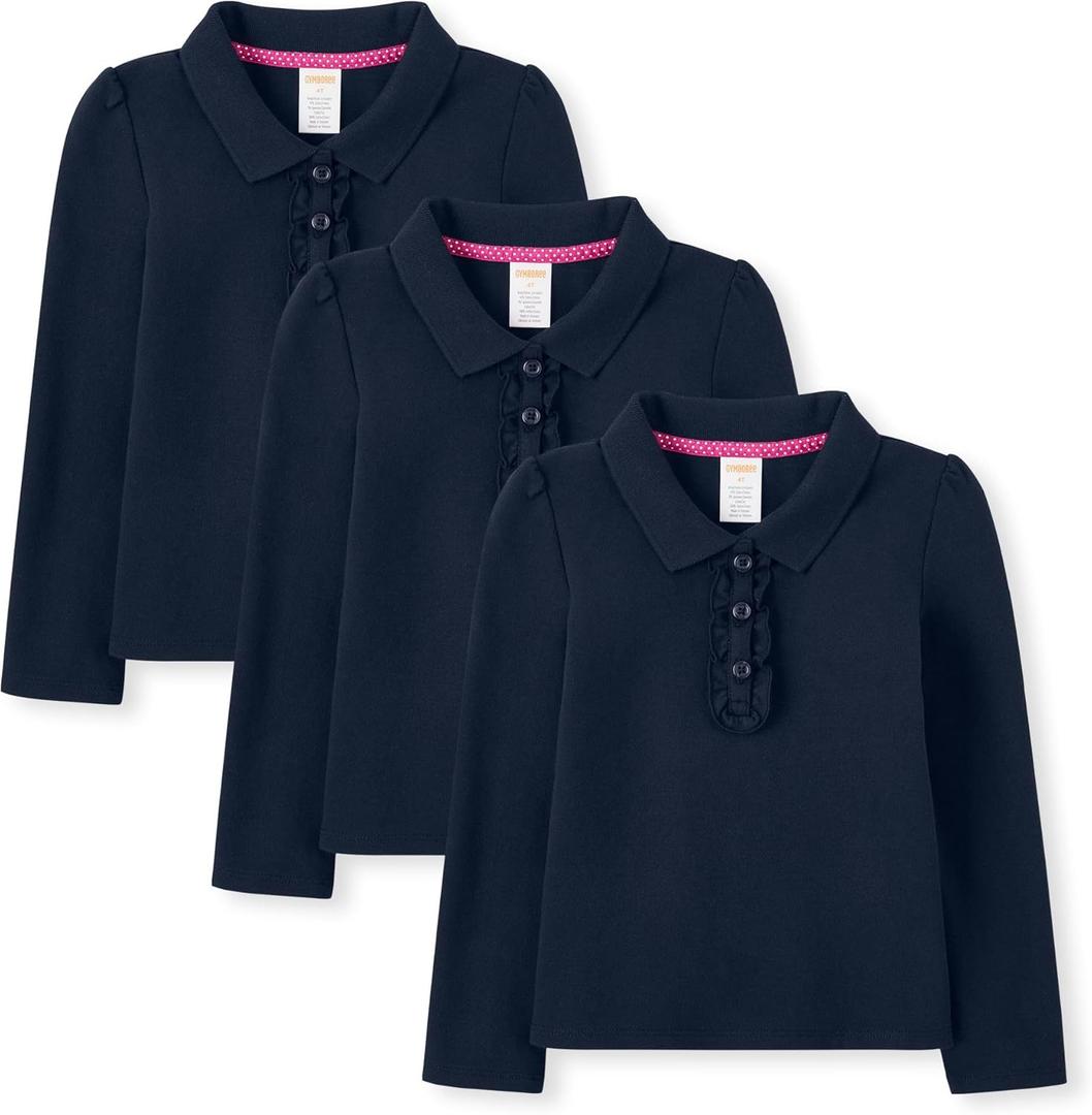 Gymboree Girls' and Toddler Long Sleeve Ruffle Polo Shirt Multipack (3T, Navy 3-pack)