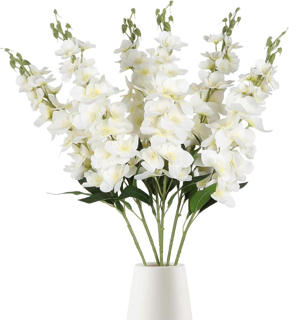 IPOPU Artificial Snapdragon Flowers, 6PCS White Delphinium Flowers 33" Larkspur Artificial Flowers Long Stem Faux Flowers for Tall Vases Wedding Home Table Decor(White)
