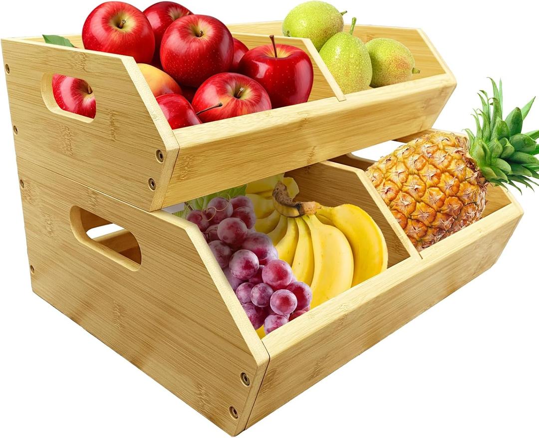 2-Pack Stackable Vegetable Storage Bins, Kitchen and Pantry Organizers and Storage Baskets, for Fruit, Vegetable, Produce, Bread, Potato Onion and Snacks, Bamboo Kitchen Storage Containers (14 inche)