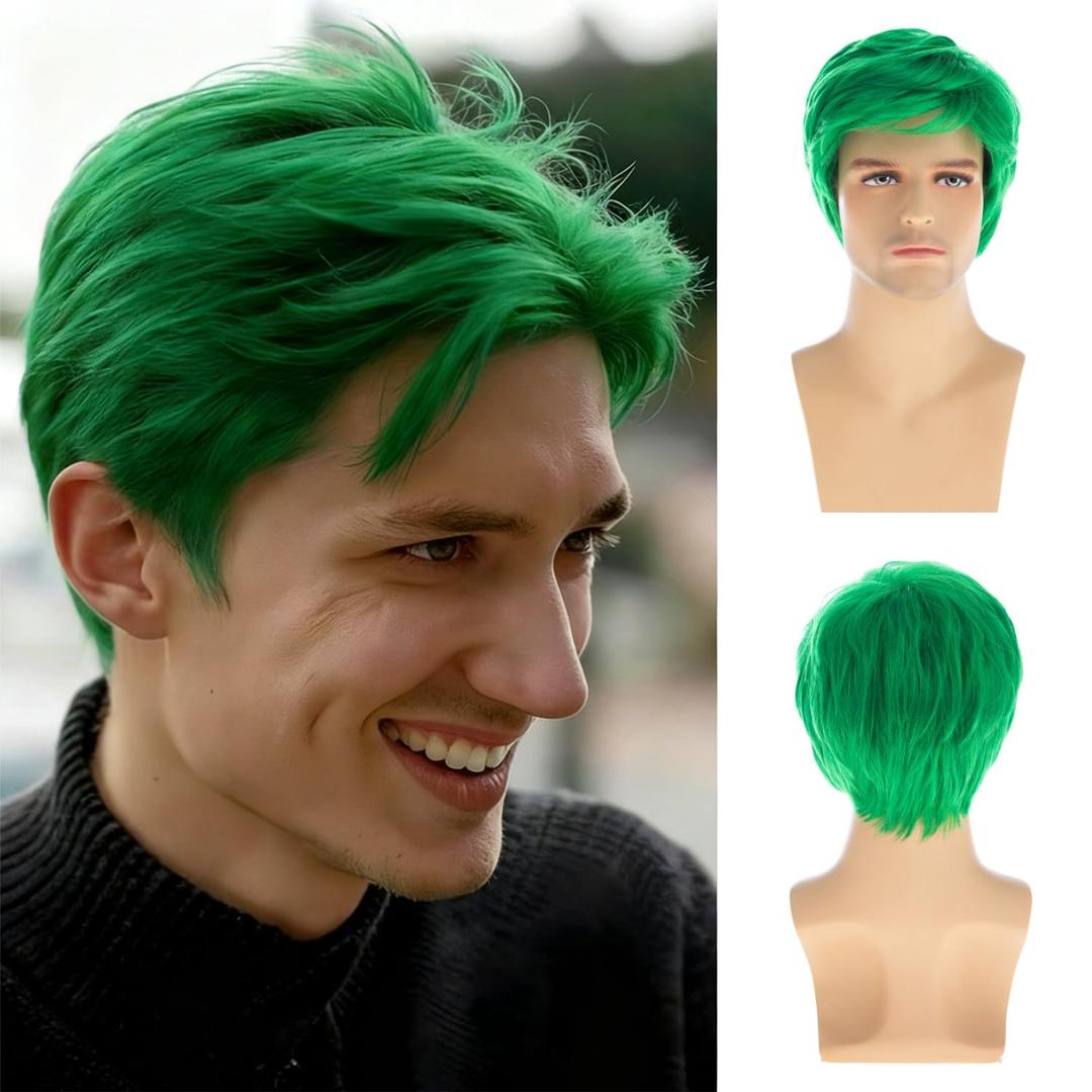 Sallcks Mens Green Wigs Short Layered Natural Cosplay Costume Halloween Synthetic Heat Resistant Replacement Wigs