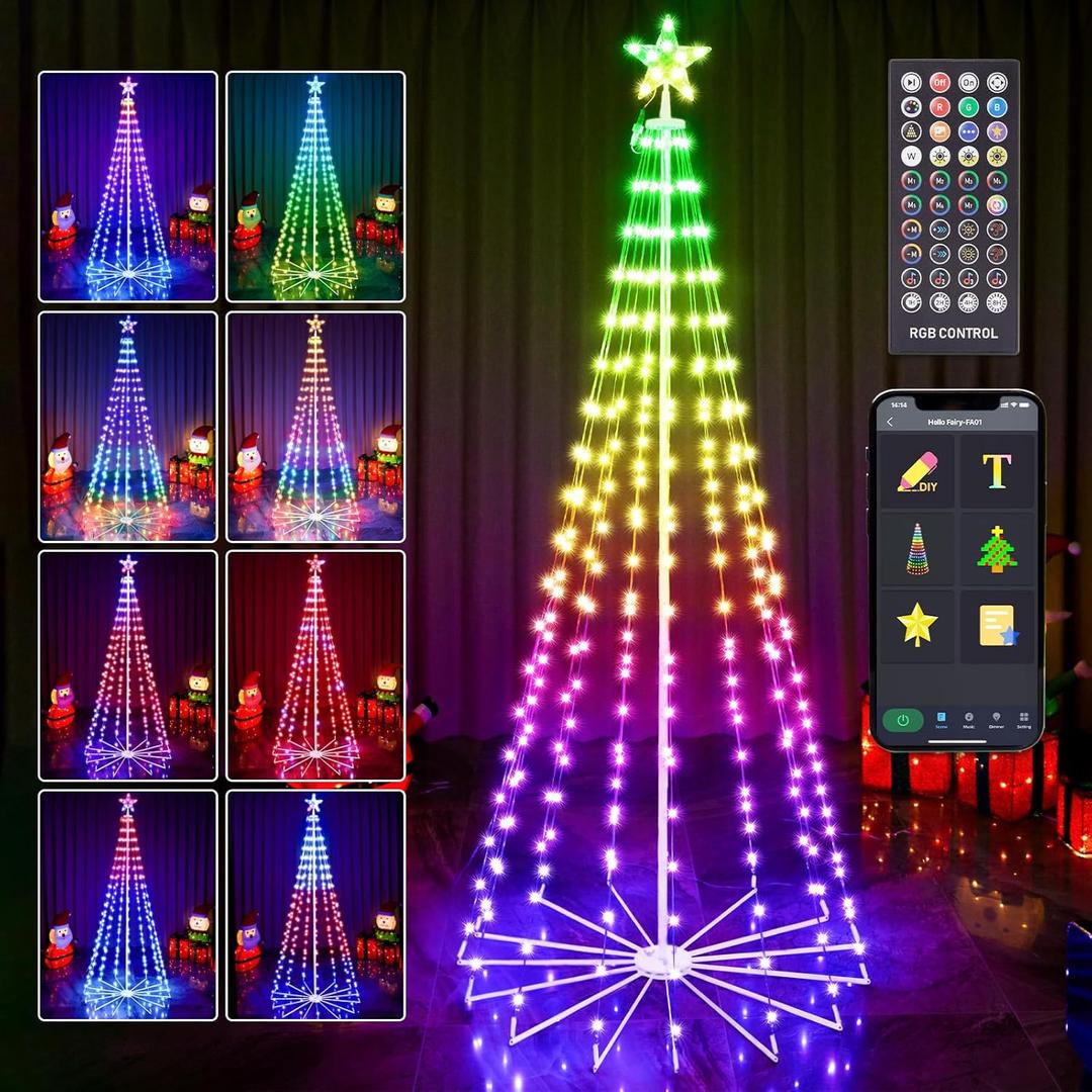 HOLILLUMA 7FT Outdoor Christmas Tree, RGB Color Changing Pre-lit Smart Cone Christmas Tree with LED Lights, App&Remote Control, DIY Multi-Color Lightshow, Music Sync, Christmas New Year Decoration