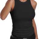 GEMBERA Womens Sleeveless Racerback High Neck Casual Basic Cotton Ribbed Fitted Tank Top (Medium, Black)