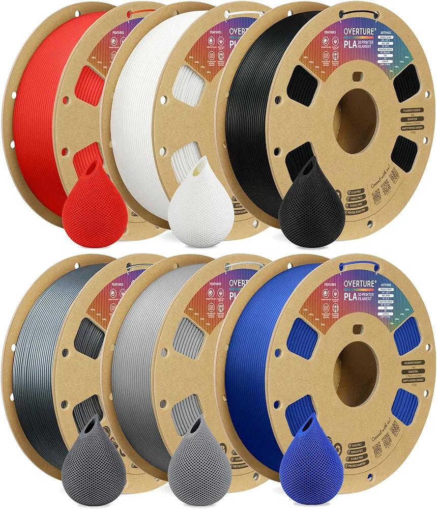 OVERTURE PLA Filament 1.75mm PLA 3D Printer Filament, 6kg Cardboard Spool (13.2lbs), Dimensional Accuracy +/- 0.02mm, Fit Most FDM Printer (6 Color)
