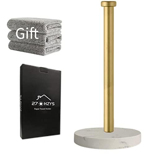 Paper Towel Holder Countertop, Standing Paper Towel Roll Holder for Kitchen Bathroom, with Weighted Marble Base for One-Handed Operation (Gold), Gold Paper Towel Holder, Marble