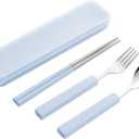 VANRA 3-Piece Children Utensils Set 18/8 Stainless Steel Child Flatware Set Silverware Spoon Fork Chopstick Set with Travel Case for Kids Lunch Box (Blue)