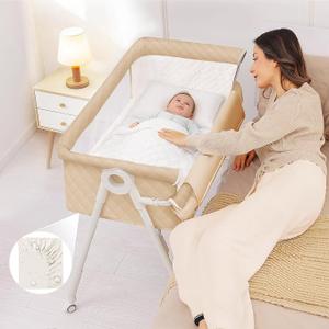 Bedside Sleeper, Baby Bassinet with Crib Sheet and Wheels | 4 Adjustable Height Bedside Crib with Comfy Mattress, Breathable Mesh Baby Crib for Newborn, Khaki, MinoBub