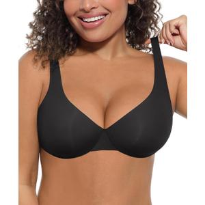 FeelinGirl Bras for Women Unlined No Padding Comfort Underwire Plus Size Full Coverage Seamless Plunge Everyday Bras (38DD, Black)