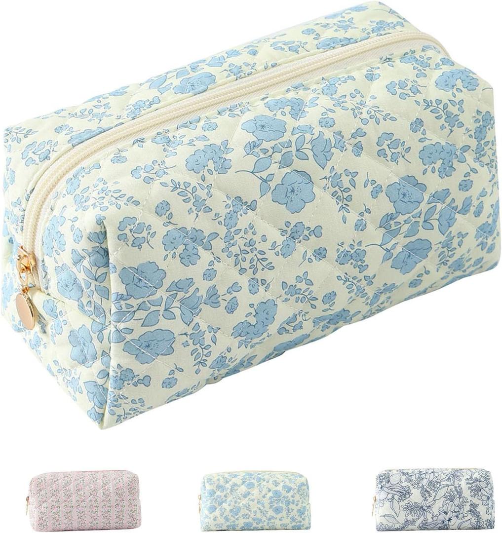 Makeup Bag Toiletry Bag Quilted Travel Makeup Bag Floral Flowers Toiletry Organizer Makeup Blue Makeup Pouch Storage Bag Travel Toiletry Bag Organizer