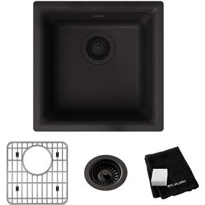 Elkay Quartz Classic ELG1616BK0C 15-3/4" x 15-3/4" x 7-11/16", Single Bowl Dual Mount Bar Sink Kit, Black (Sink + Grid + Drain)