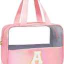 Initial Clear Makeup Bag Personalized Pink Clear Cosmetic Bag, Cute Large Make Up Bags Organizer Bag, Travel Toiletry Bag for Women Girl Gifts A (Pink)