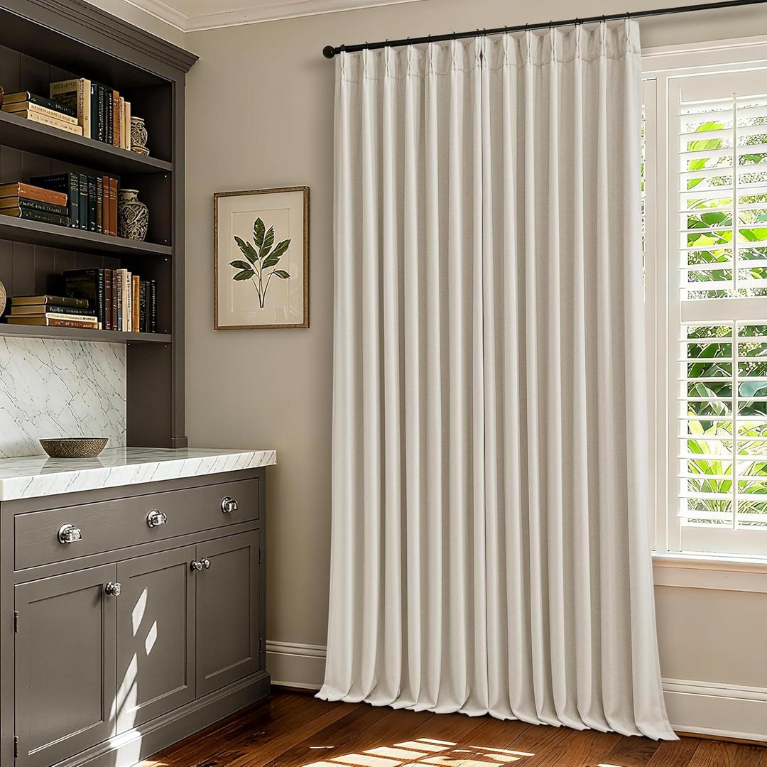 Extra Wide Blackout Curtains 70 x 108 Inches Long for Bedroom Living Room Neutral Farmhouse Pinch Pleated Double Layer Thick Linen Drapes Thermal Insulated with Back Tab for Large Windows 1 Panel