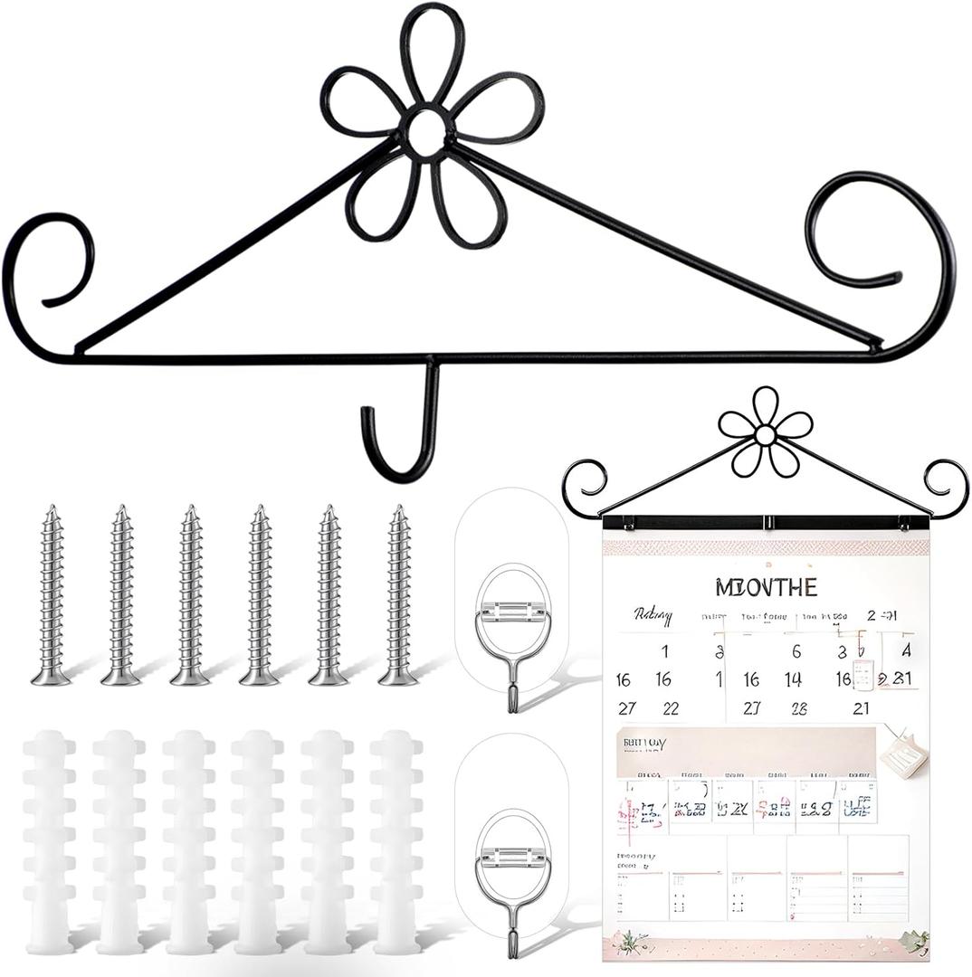 Calendar Hanger for Wall 13.8 Inch Metal Wire Scroll Black Calendar Frame with Six Expansion Screws and Transparent Adhesive Hooks Frame for Classroom Home Office Wall(Flower)