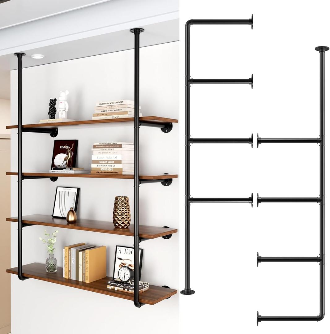 Industrial Wall Mount Iron Pipe Shelf - 4 Shelves Shelving Bracket (No Plank) DIY Open Bookshelf Ceiling Hung Shelf for Office Room Kitchen, Black Vintage Retro (56inch)