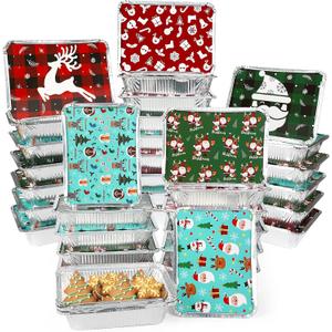 Christmas Cookie Tins with Lids for Gift Giving, 30PCS Aluminum Foil Pans with Lids, Holiday Leftover Containers, Disposable Foil Pans for Baking/Cookie Exchange/Fudge (8.6" x 6.2")