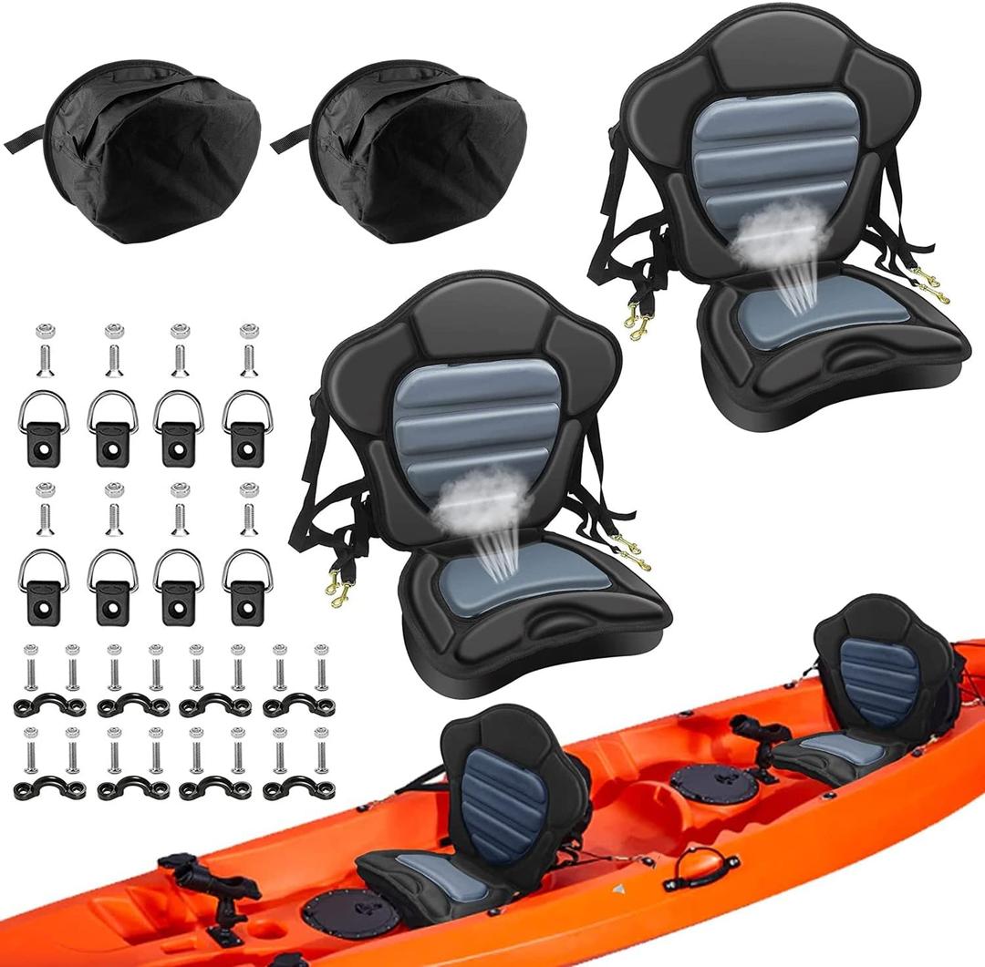 Kayak Seat Deluxe Padded Fishing Boat Seat Deluxe Sit-On-Top Canoe Seat Cushioned - Comfortable Backrest Support Universal Sit with Adjustable Back Strap Detachable Storage Bag 