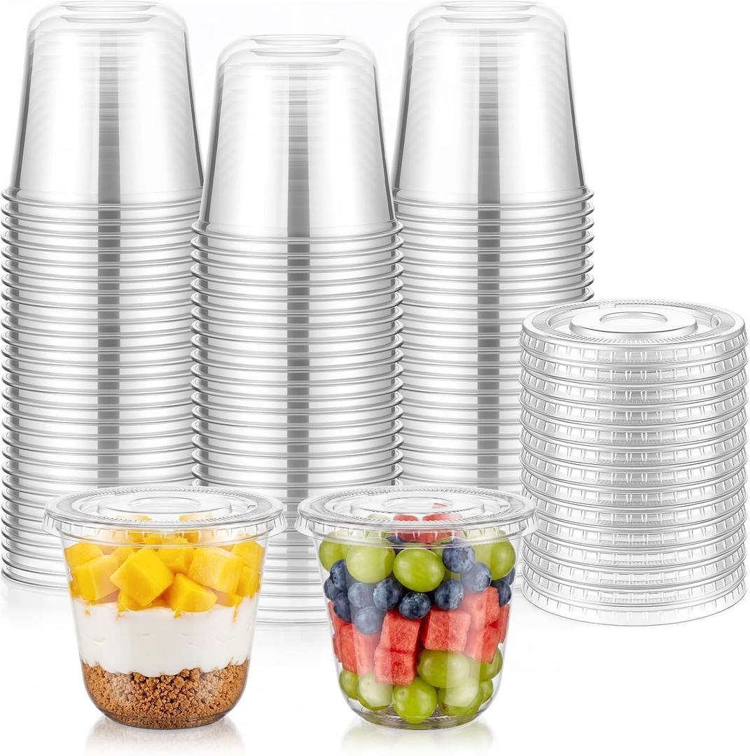 Ziliny 50 Sets 10 oz Clear Plastic Dessert Cups with Lids, Disposable Parfait Yogurt Fruit Cups with Flat Lids No Hole Yogurt Overnight Oats Containers for Parfait, Ice Cream, Pudding, Cake, Snacks