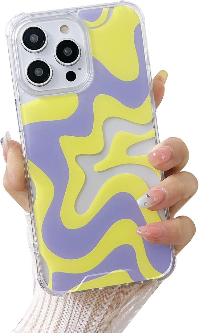 Ginkgonut Compatible with iPhone 14 Pro Max Case, Fashion Simple Cute Wavy Pattern for Women Girls Soft TPU+Hard PC Protection Case for iPhone 14 Pro Max-Yellow