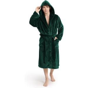 Yurhap Hooded Mens Robe, Cozy Fleece Bathrobe for Men, Plush Robe with Belt | Luxury Mens Robe for Spa Hotel House & Pool, Ultra Soft Fluffy Robe for Men, Attached Hood & 2 Pockets, XL 