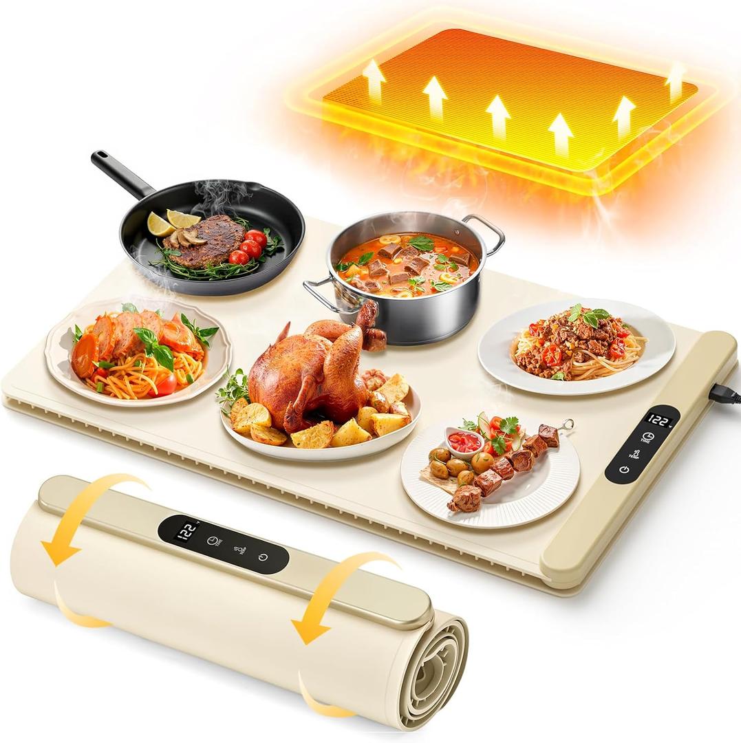 Food Warming Mat,Upgrade Graphene Fast Full-Surface Heating Mat, Electric Warming Tray with 6 Temperature and 6HoursTimer, Portable Rollable Food Warmer Perfect For Parties Buffet and Home Dinners (cream color)