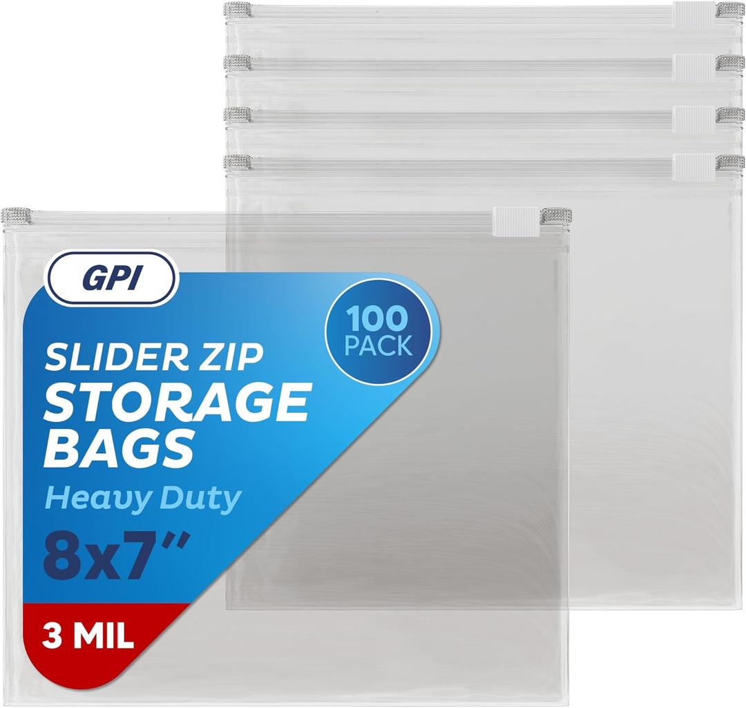 100 Count - Slider Zip Quart Food Storage Bags, 8" x 7" 3 Mil Heavy Duty, Strong & Durable For Freezer Storage, For Sandwiches, Snacks & More. GPI