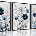 BingruiArt Navy Blue Wall Art Canvas Abstract Floral Painting Blue and Gray Posters Watercolor Flower Decor Wildflower Pictures Botanical Prints for Living Room Bedroom Bathroom 3 Pcs 16"x24" Black Framed