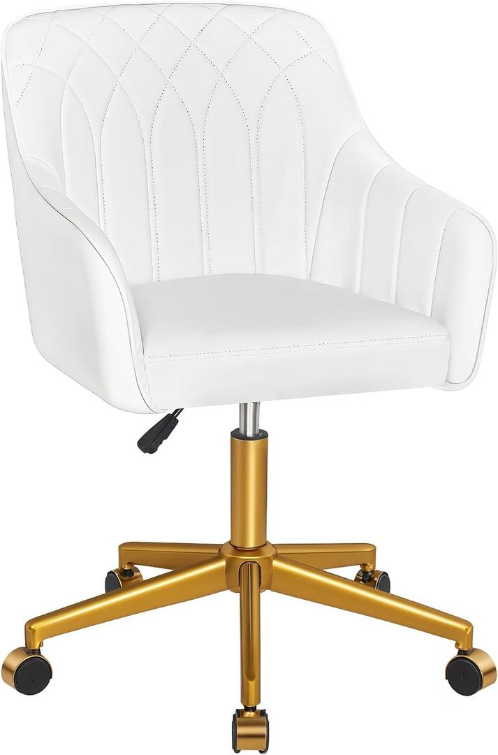 VECELO Modern PU Swivel Home Office Desk Chair with Back & Rolling Wheels, Adjustable Seat Height for Girls Women Bed Room Vanity Makeup/Task/Computer Work, White, 22.24in x 21.26in x 32.48in