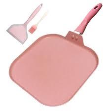 Paweiya Square Griddle Pan for Stove Top Nonstick, Flat Pan with Spatula & Brush, 11"X 11" Pink