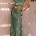 PRETTYGARDEN Women's 2 Piece Satin Outfits Summer Sleeveless Mock Neck Crop Tops and Long Skirt Dress Sets (Green, S)