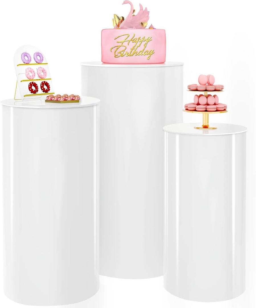 Putros Cylinder Pedestal Stands 3Pcs Clear Round Cylinder Pedestal Display Plinth Pillars for Wedding Party Decor 35.4''(L),29.5''(M),23.6''(S)