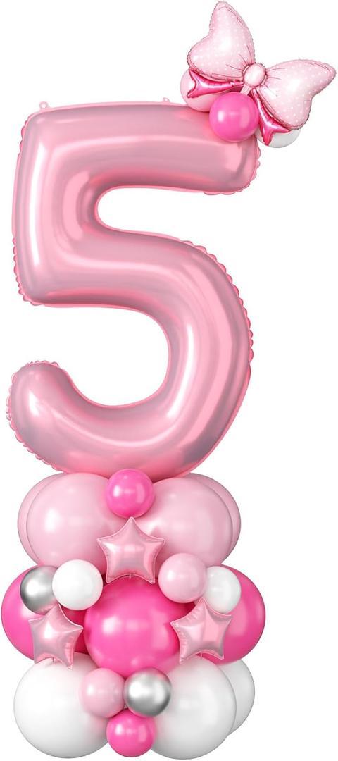 40 Inch Pink Number 5 Balloon for 5th Birthday Decoration Pastel Baby Pink Number Five Foil Balloon Tower Giant Large Digit Hot Pink White Helium Balloons Stack Stand for Girls Anniversary Party
