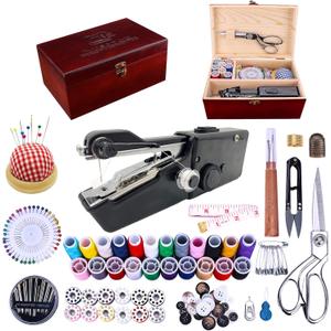 Handheld Sewing Machine, with Elegant Wooden Sewing Box and 153-Piece Sewing Kit, Mini Portable Cordless Hand held Sewing Device, Perfect for Adults, Beginners, and Quick Home Repairs