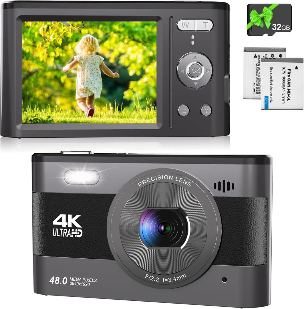 4K/48MP Digital Camera, Compact Vlogging Camera with 18X Zoom, 3 Inch Screen, 32GB SD Card, 2 Batteries