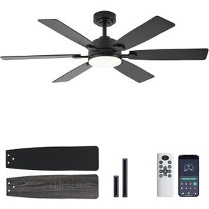 Ceiling Fan with Light and Remote, 52 Inch Ceiling Fans with Lights, Downrod Mount, Reversible DC Motor, 3CCT, Dimmable, Quiet, Black Ceiling Fan for Bedroom, Livingroom Indoor/Outdoor Use