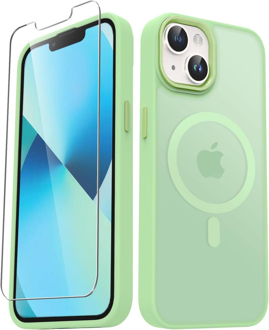 for iPhone 14 Case, iPhone 13 Case, with 1 Screen Protector, Matte Magnetic Slim Phone Cover, Support for Magsafe, Shockproof Protection Translucent Frosted Back,Mint Green