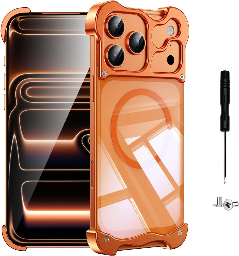 iPhone 17 Pro Metal Bumper case with Magnetic - Orange | Fit for MagSafe, 4-Corner Airbag Rugged Shockproof, Frameless Minimalist slim cover, DIY Assemble Design, Camera Protection