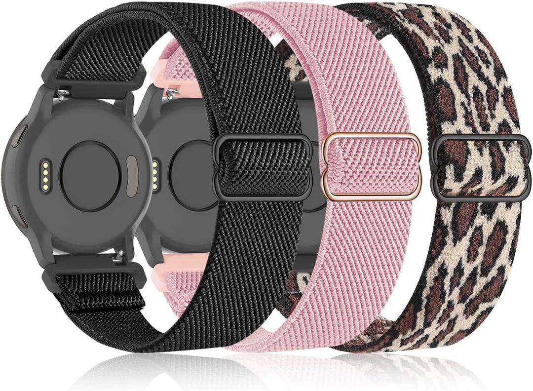 Bolesi 3 Pack 18mm Stretchy Nylon Watch Bands for Garmin Venu 2S/Venu 3S/Venu 4 41mm, Quick Release Wristband Loop Elastic Strap for Vivoactive 4S/ Vivomove 3S/Forerunner 265s/255s Men Women (Black+Leopard+Pink Sand)