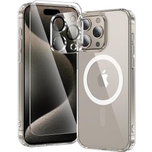 3 in 1 for iPhone 15 Pro Case Clear with MagSafe, Not Yellowing, Screen Protector*1 Camera Lens Protector*1, Military-Grade Protection for iPhone 15 Pro Phone Case 6.1 inch Clear